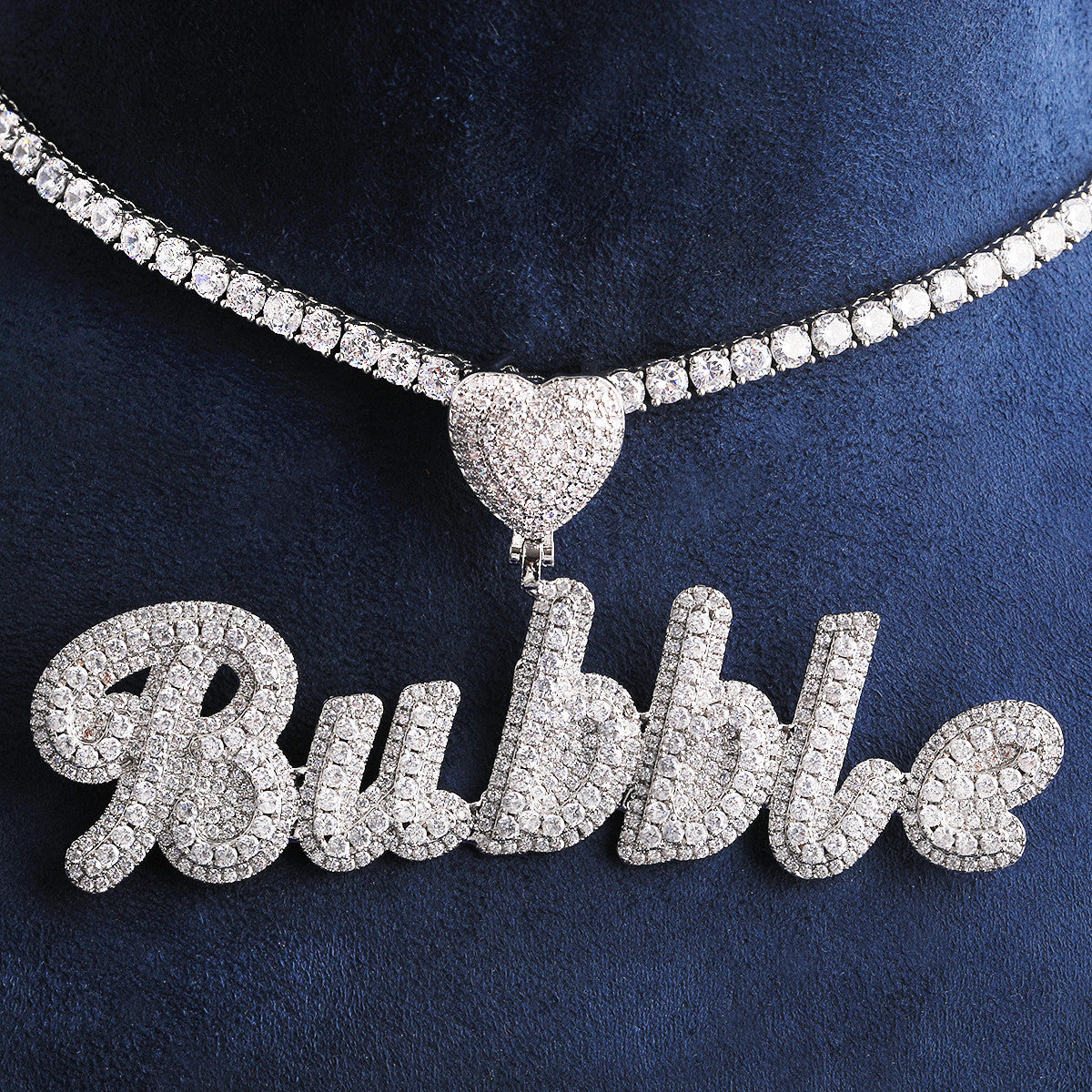 Heart Bail | VVS Diamond CZ Cluster Stone 24k 925 Silver Rose Gold Script Name Plate Pendant