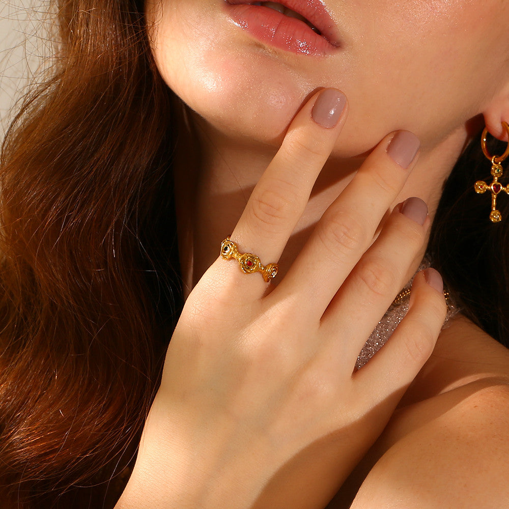 18k Gold Waterproof Stainless Steel Colorful CZ Rose Flower Cross Necklace Earring Ring Set