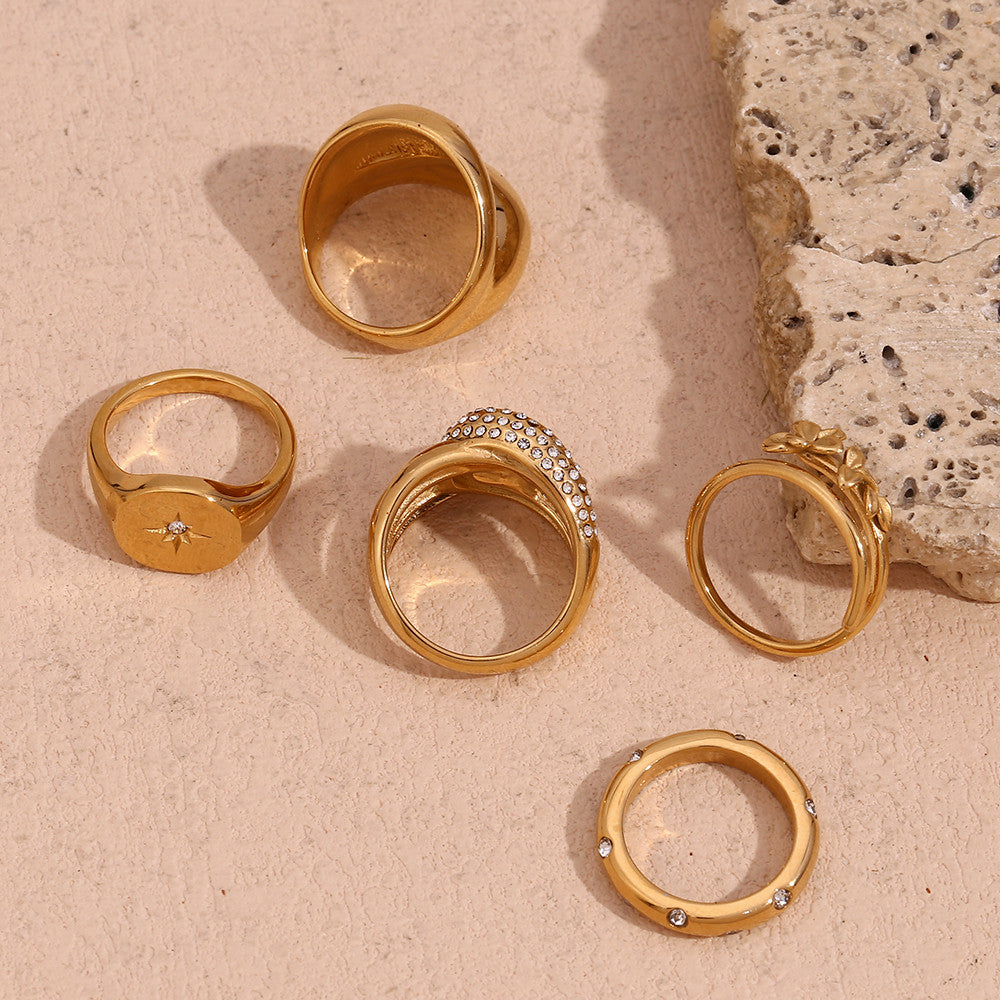 Women's 18k Gold Waterproof Double Layered Three Flower Round Cross Ring