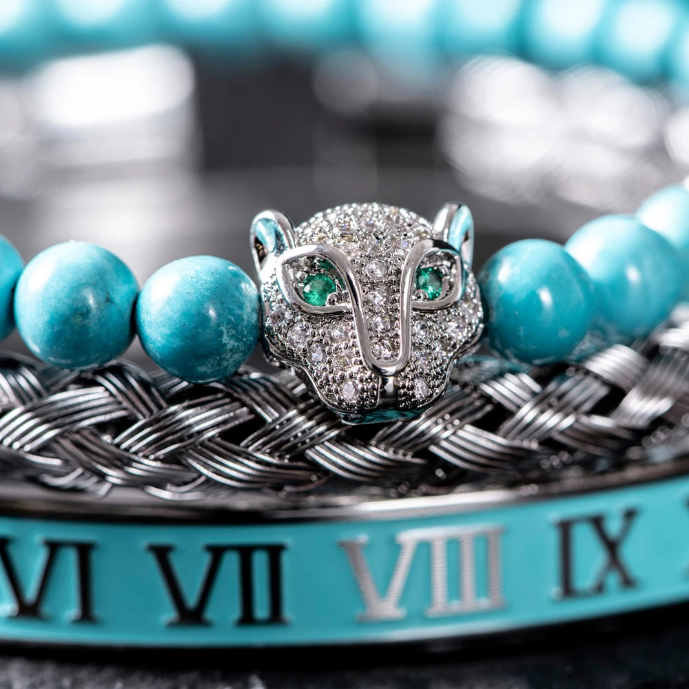 Turquoise Stone | VVS Diamond CZ Roman Numeral Leopard Head Luxury Bracelet