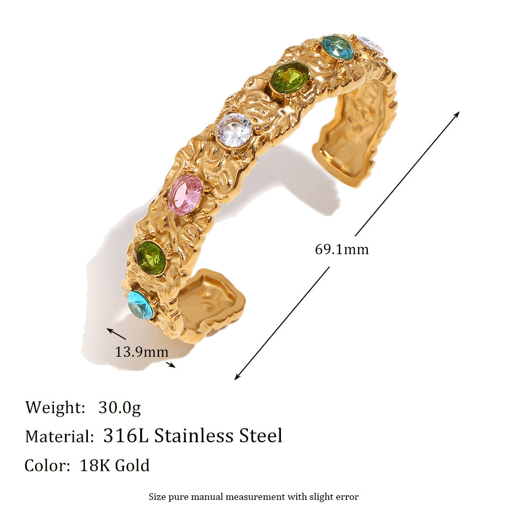18k Gold Waterproof Irregular Colorful CZ Stainless Steel Bracelet Earring Ring Jewelry Set