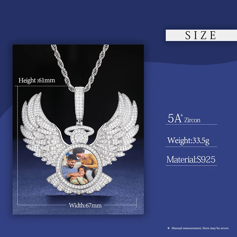 Angel Of Protection | 925 Moissanite Diamond Angel Wings Protection Custom Photo Pendant