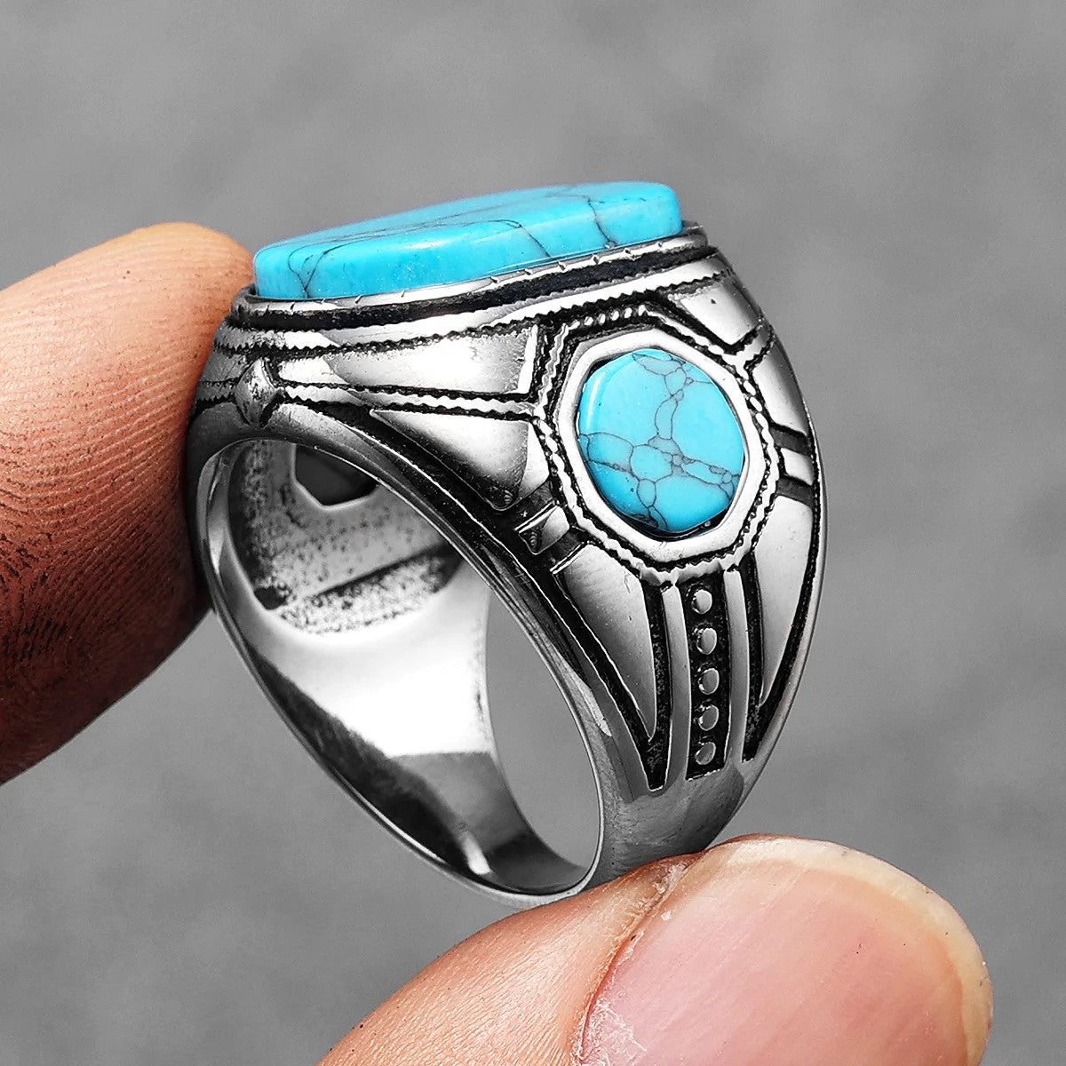 Luxury Turquoise | 316L Carved Men's Stainless Steel Street Wear Stylish Rings