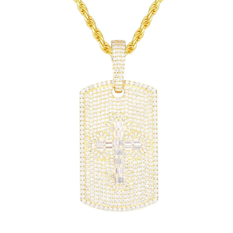 Tagged Baguette Cross | Moissanite Diamond Solid 925 Silver Hip Hop Dogtag Pendant