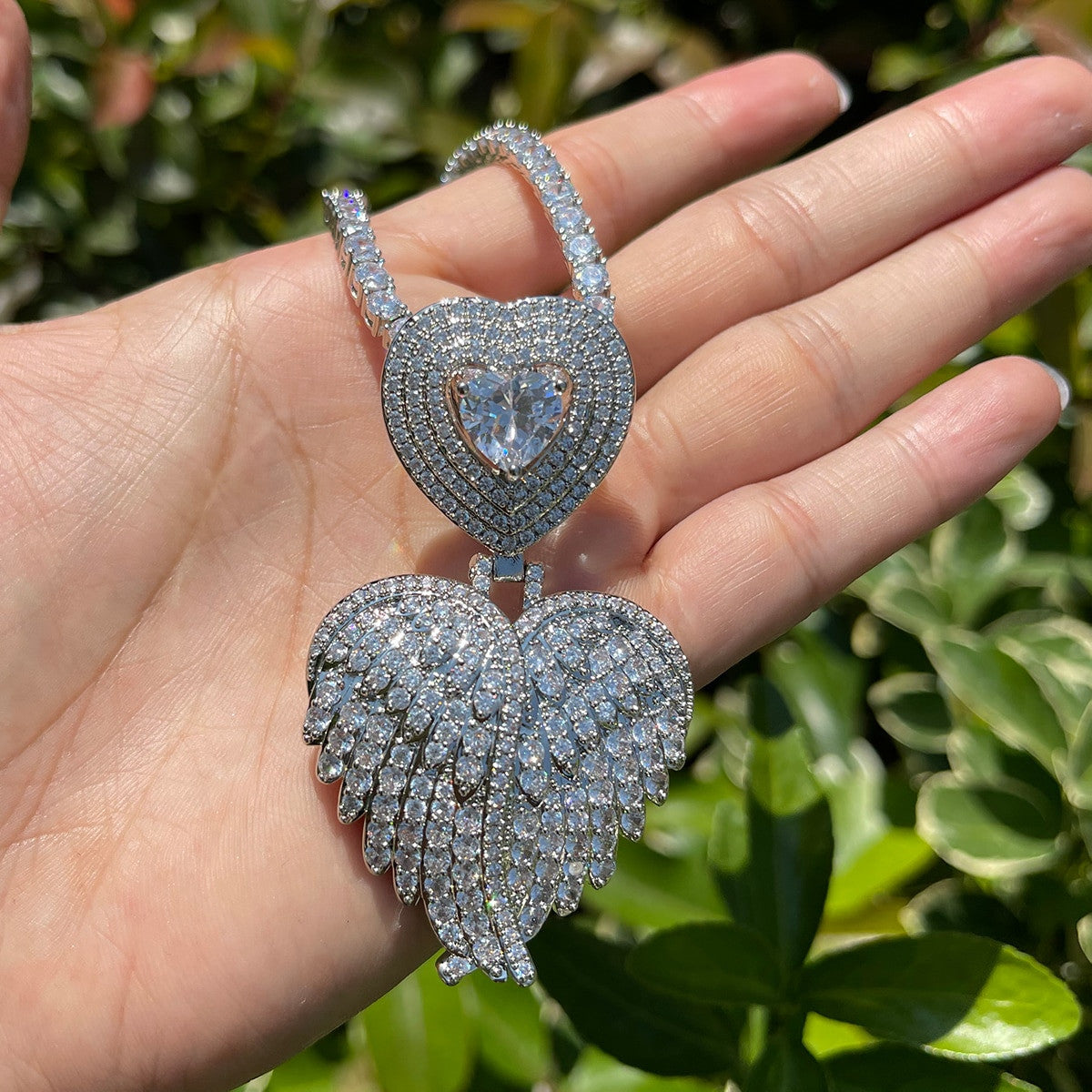 Ladies Center Stone Closed  Angel Wings Heart Shape Pendant Necklace