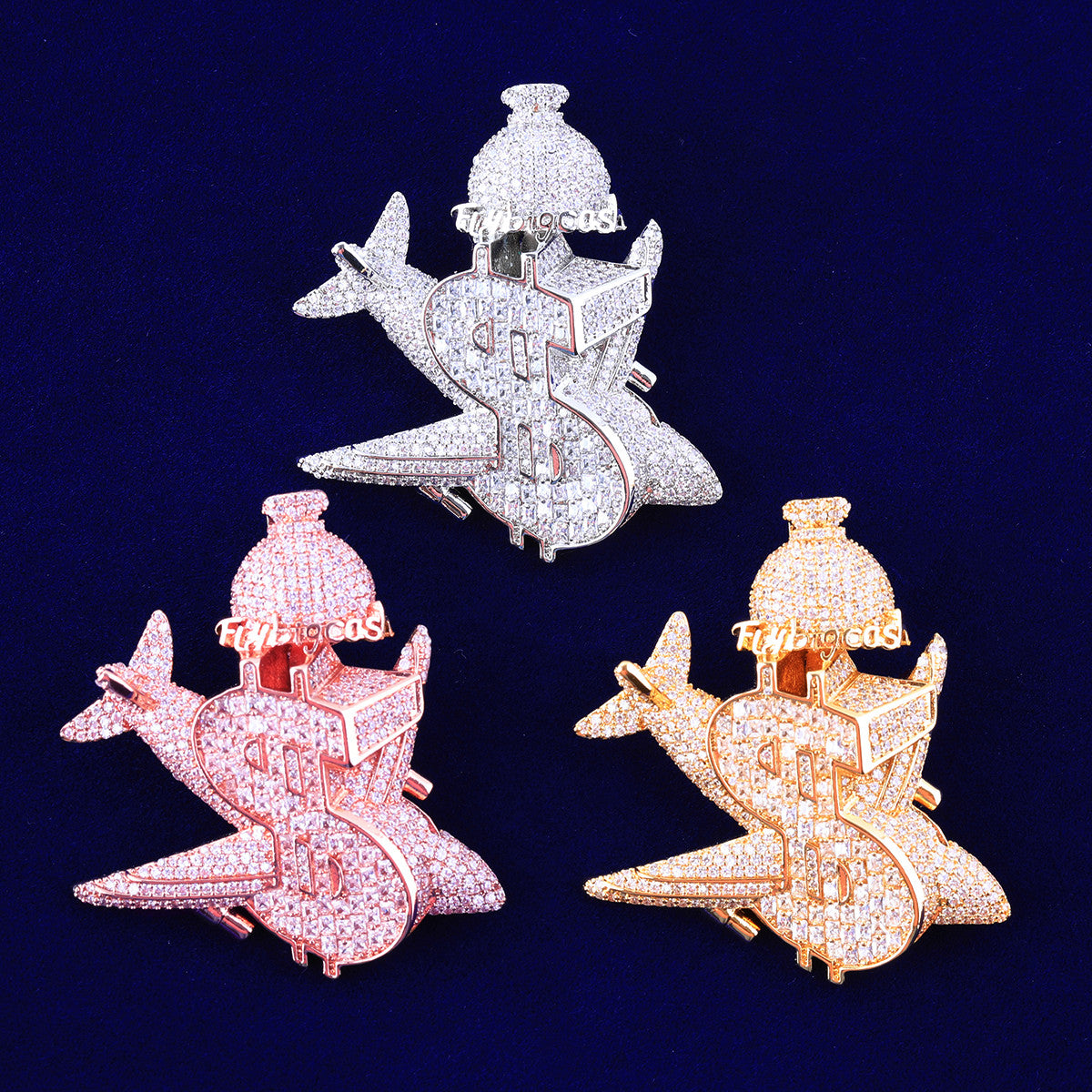 Flying Cash | VVS Diamond Money Bag Jet Airplane Dollar Sign Hip Hop Pendant