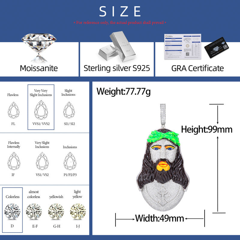4K Jesus | Sterling Silver Luxury D VVS Moisasnite Diamond Enamel Jesus Piece Hip Hop Pendant