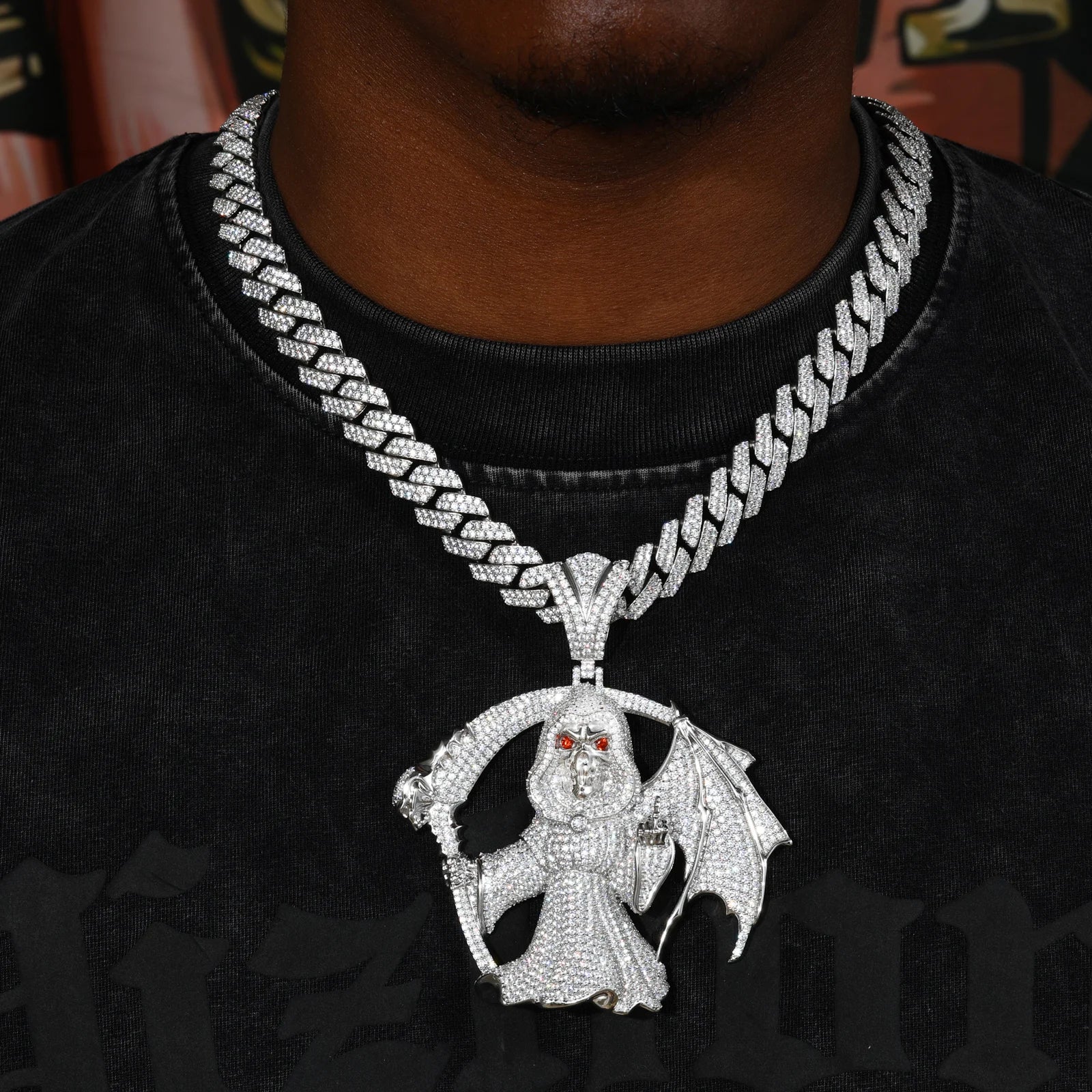 Middle Finger Reaper | Moissanite Diamond 925 Silver Hip Hop One Wing Scythe Grim Reaper Pendant