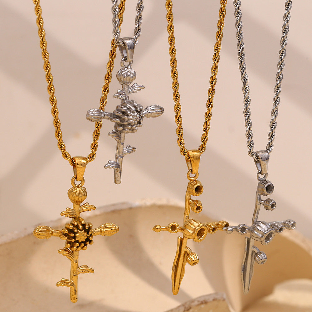 Women's 18k Gold Waterproof Designer Birth Month Flower Cross Tarnish Free Necklace