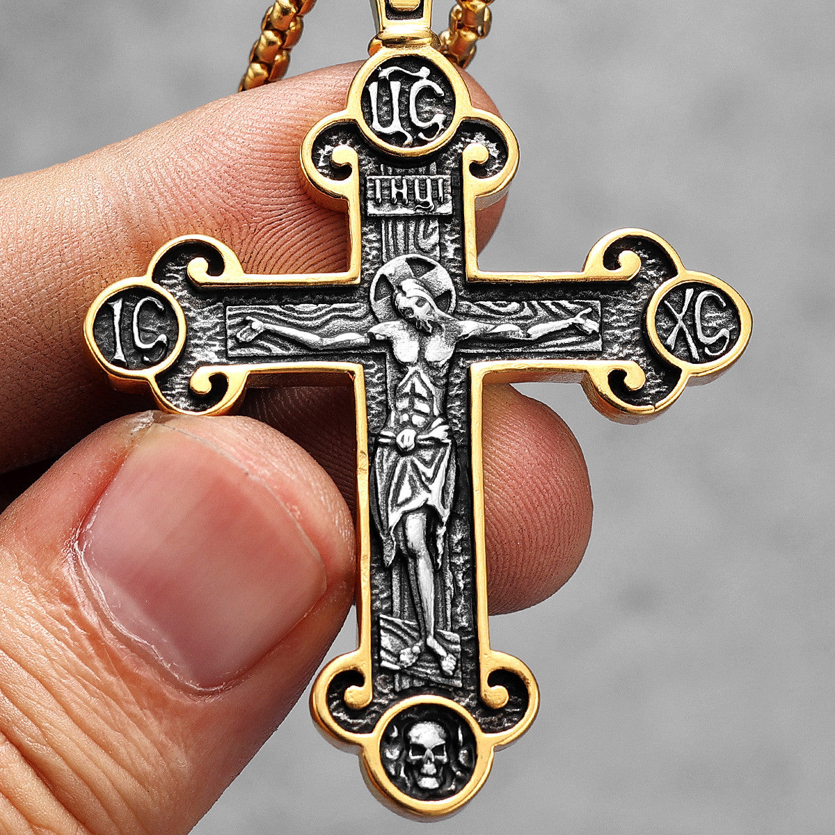 Jesus Cross | 14k Gold over 316L Stainless Steel Religion Amulet Pendant Chain Necklace