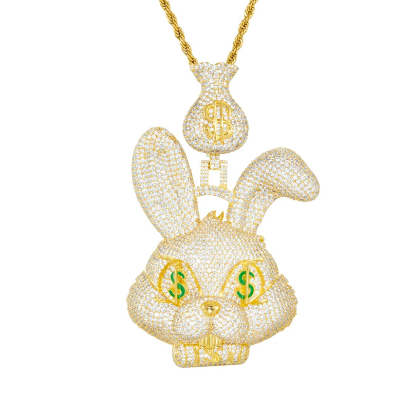 Fast Money | Iced Blinged Out Money Bag Rabbit 925 Silver Moissanite Hip Hop Pendant