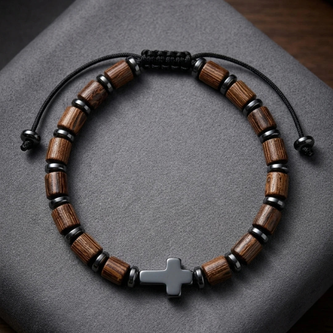 Divine Blessings | Handmade 2 Piece Natural Wooden Gallstone Meditation Cross Bracelet