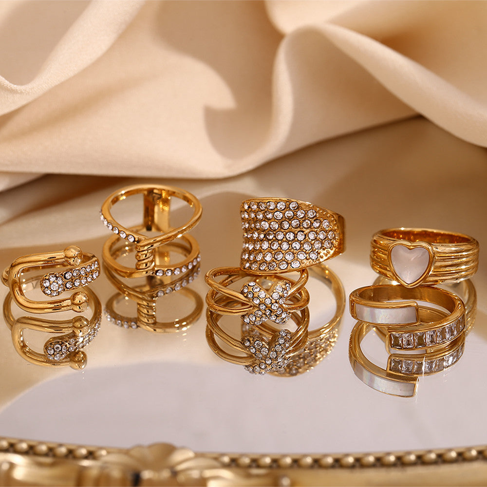 Waterproof Solid Stainless Steel 18k Gold Hollow Round CZ Micro Pave Rings Collection