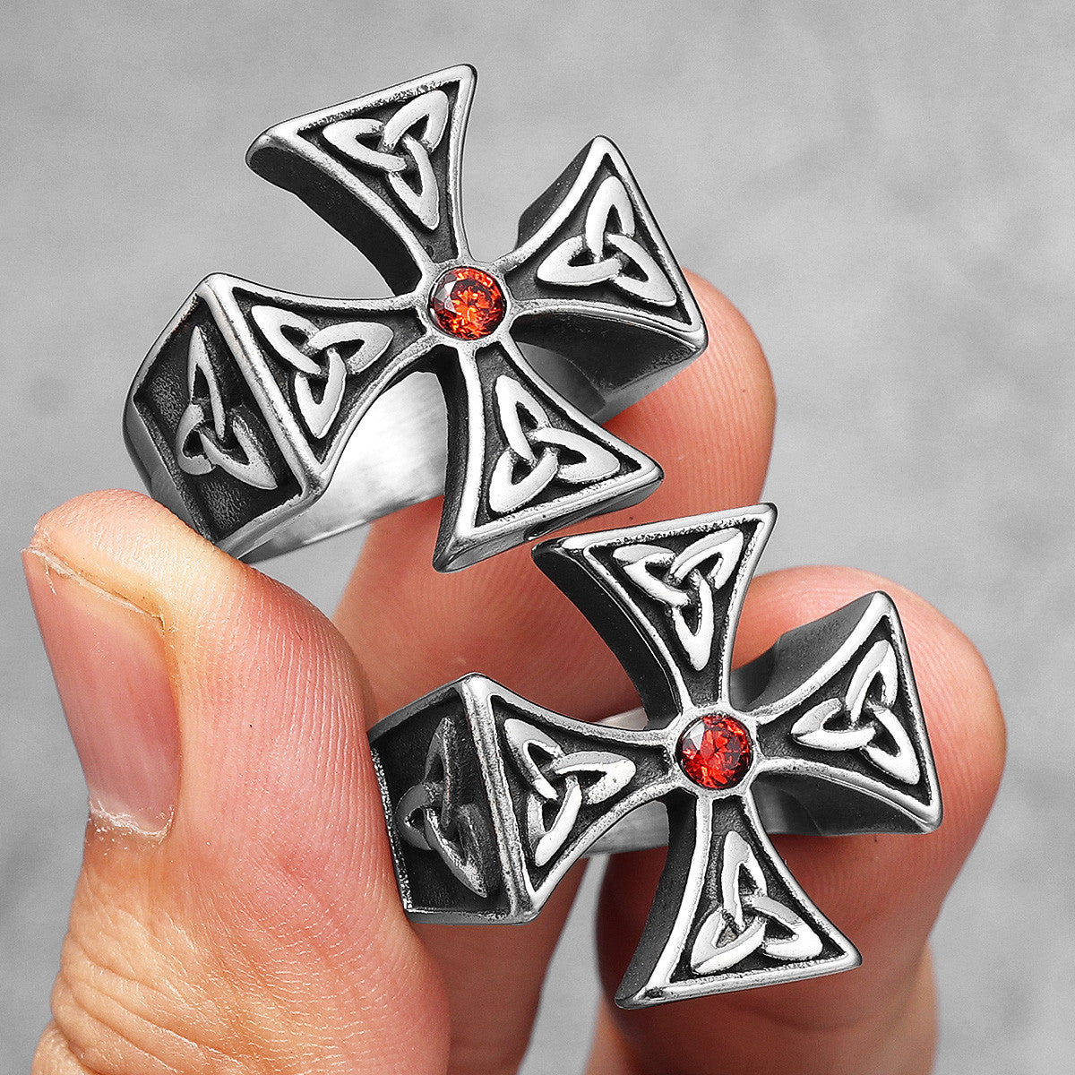 Celtic Knot | No Fade Solid Stainless Steel Biker Cross Red Stone Rings