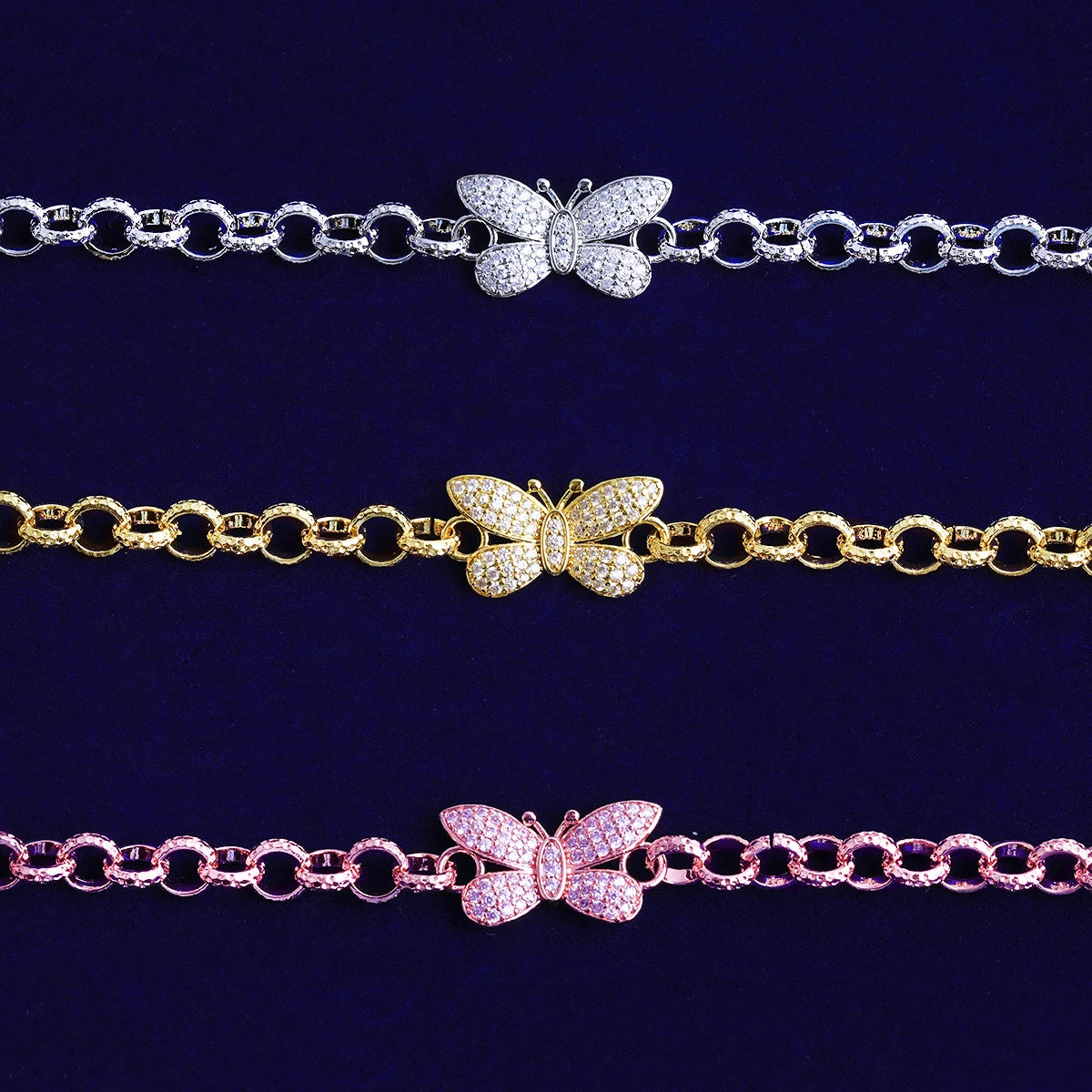 The Enchanted | VVS Diamond CZ Butterfly Iced Rolo Link Belcher Chain Bracelets