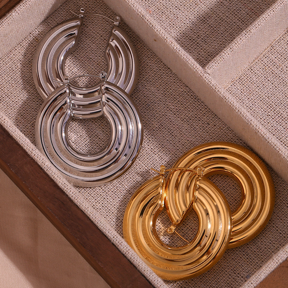 Silver Stainless Steel 18k Gold Waterproof Large Big Textured Circles Hoop Earrings