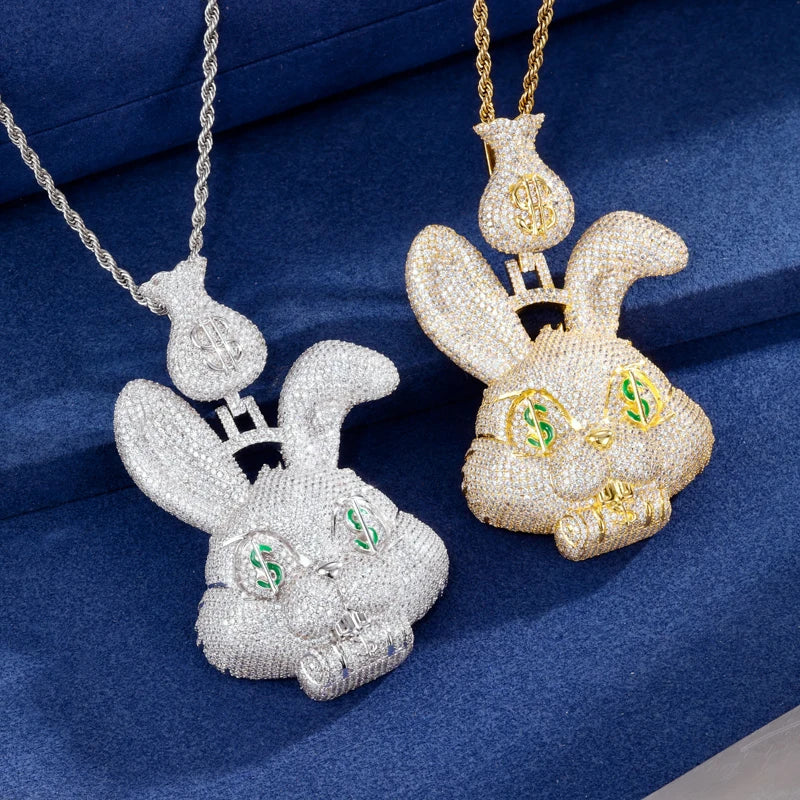 Fast Money | Iced Blinged Out Money Bag Rabbit 925 Silver Moissanite Hip Hop Pendant