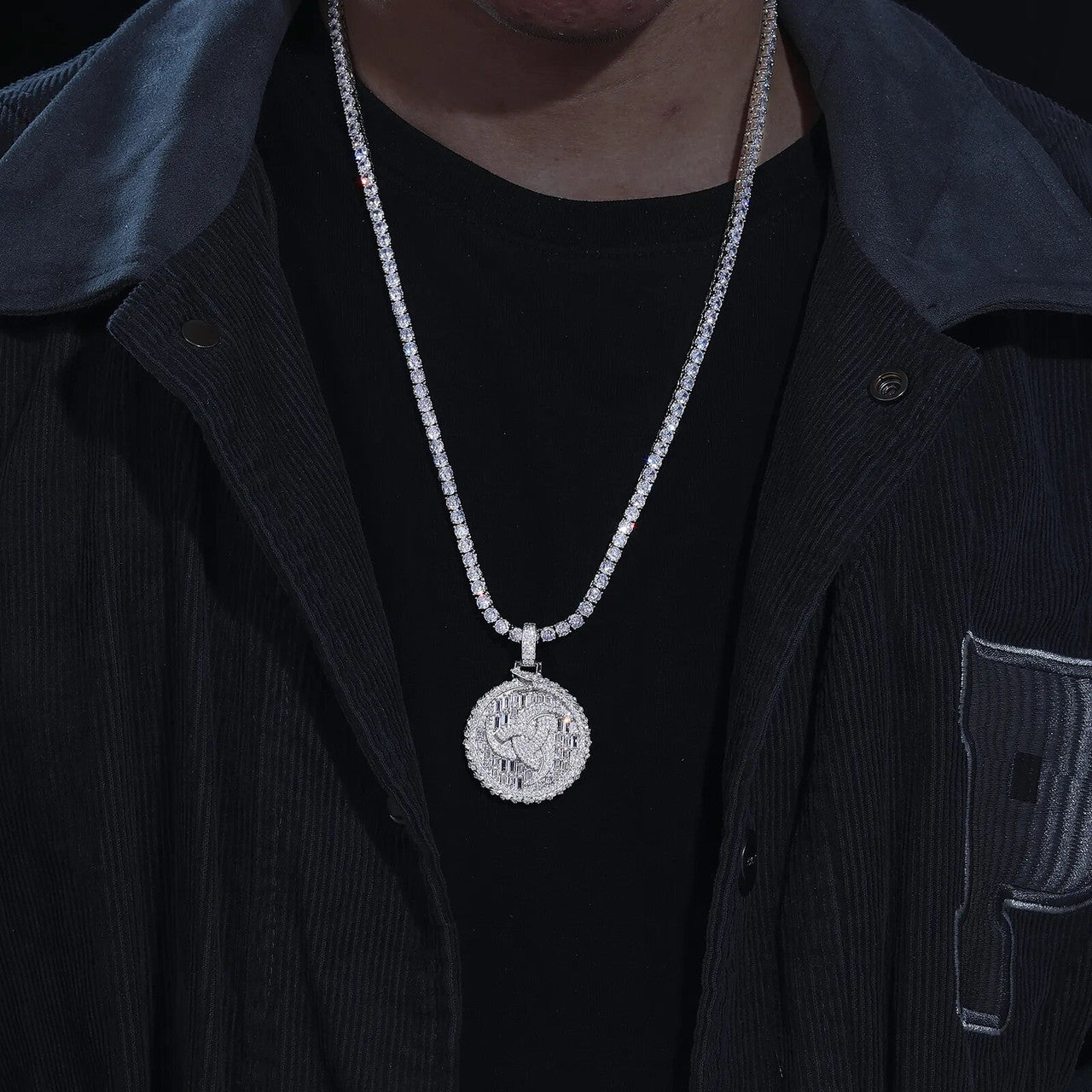 Solid Sterling Silver Ancient Snake Compass Genuine VVS Diamond Baguette Stone Pendant