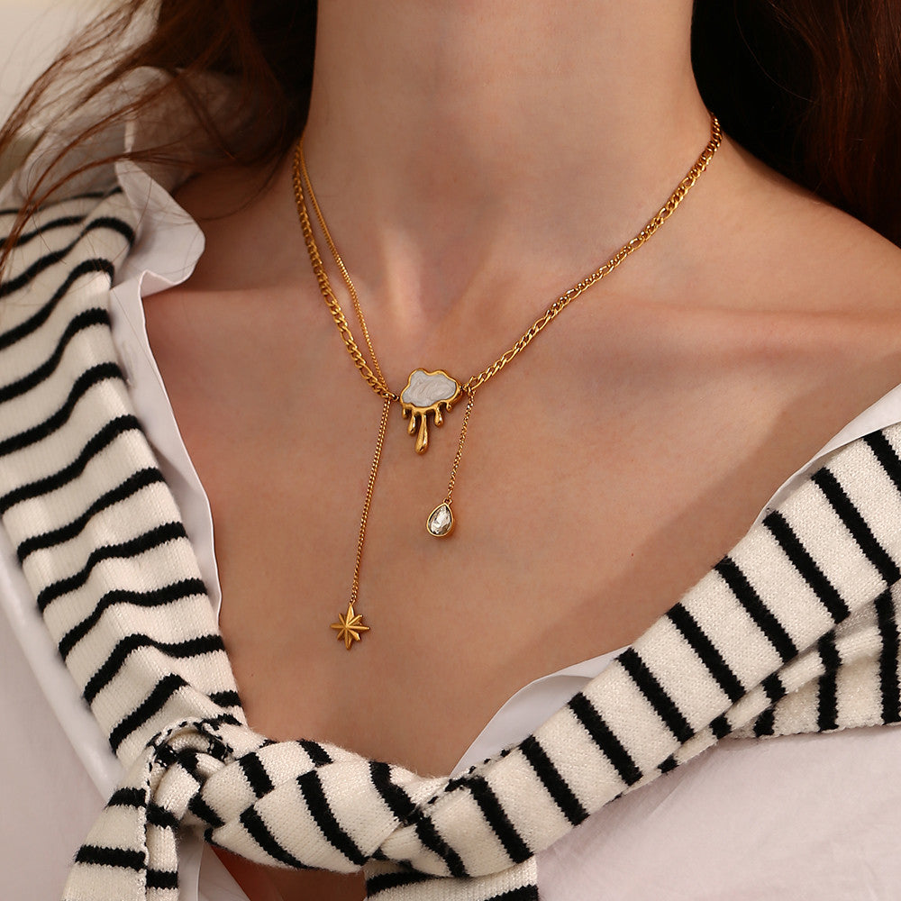 Rain | 18k Gold Double Layer Tear Drop Cloud Waterproof Stainless Steel Tassel Necklace
