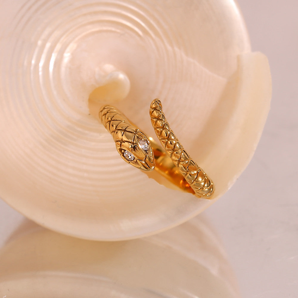 No Fade Waterproof Hypoallergenic 18k Gold Over Solid Stainless Steel Crystal Eye Snake Rings