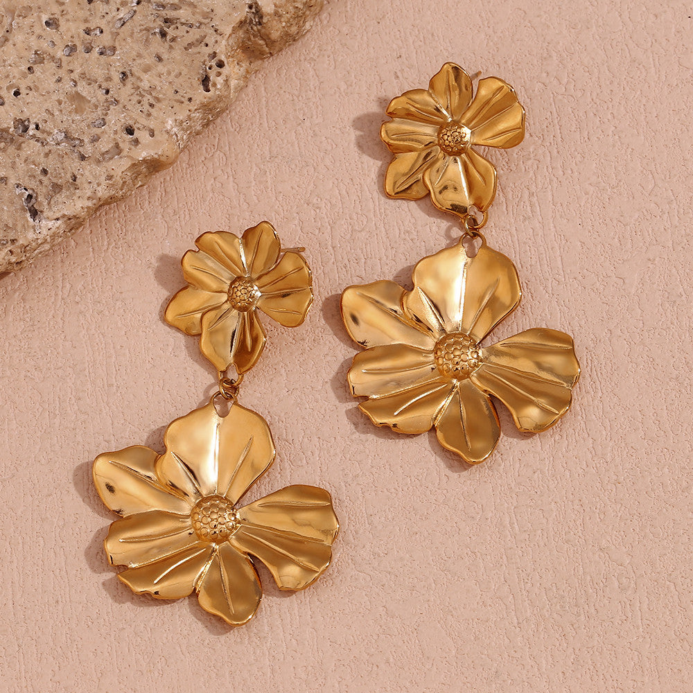 18k Gold Two Flower Stitching Drop Waterproof Tarnish Free Stainless Steel Earrings