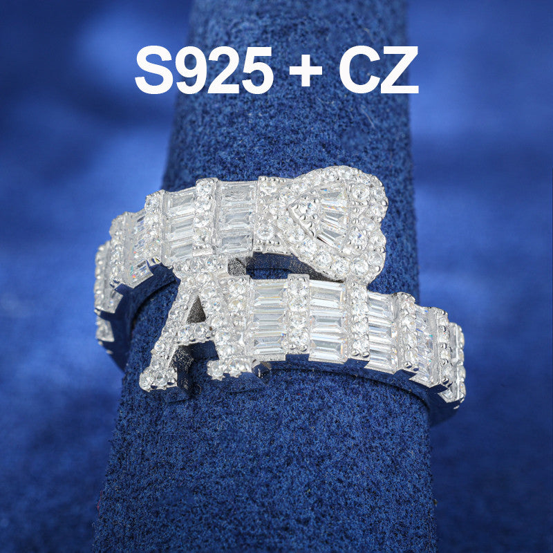 Moissanite Diamond Baguette Custom Initial Letter Heart Sterling Silver Hip Hop Rings