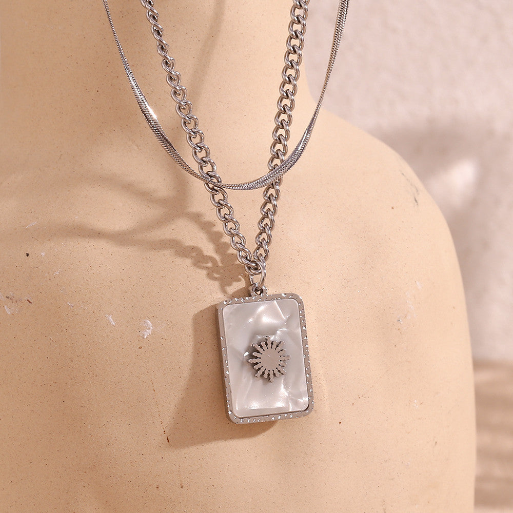 Double Layer Herringbone Twisted Chain Square Sun Ray Shell Sun Pendant Necklace