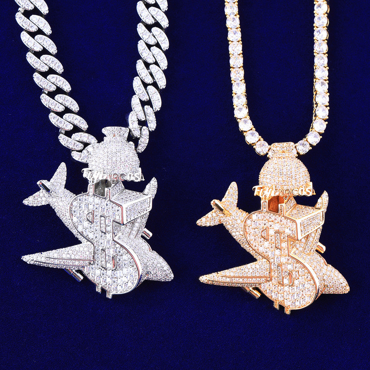 JetSet | Flying Cash VVS Diamond Money Bag Jet Airplane Dollar Sign Hip Hop Pendant