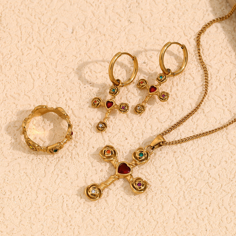 18k Gold Waterproof Stainless Steel Colorful CZ Rose Flower Cross Necklace Earring Ring Set