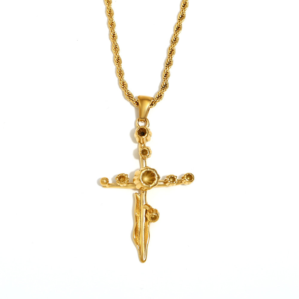 Women's 18k Gold Waterproof Designer Birth Month Flower Cross Tarnish Free Necklace