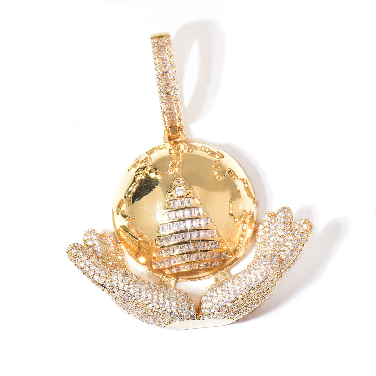 My World |  Iced Blinged Out Baguette The World In My Hands Pyramid Illumination Pendant