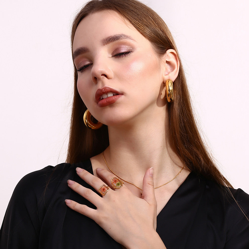 Ladies 18k Gold Stainless Steel Adjustable Waterproof Oval Sweet Flower Ring