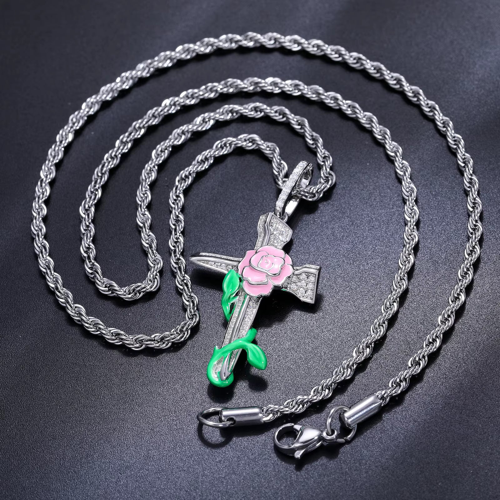Beauty Of Sacrifice | Glowing Rose Jesus Nail Cross Moissanite VVS Diamond S925 Pendant