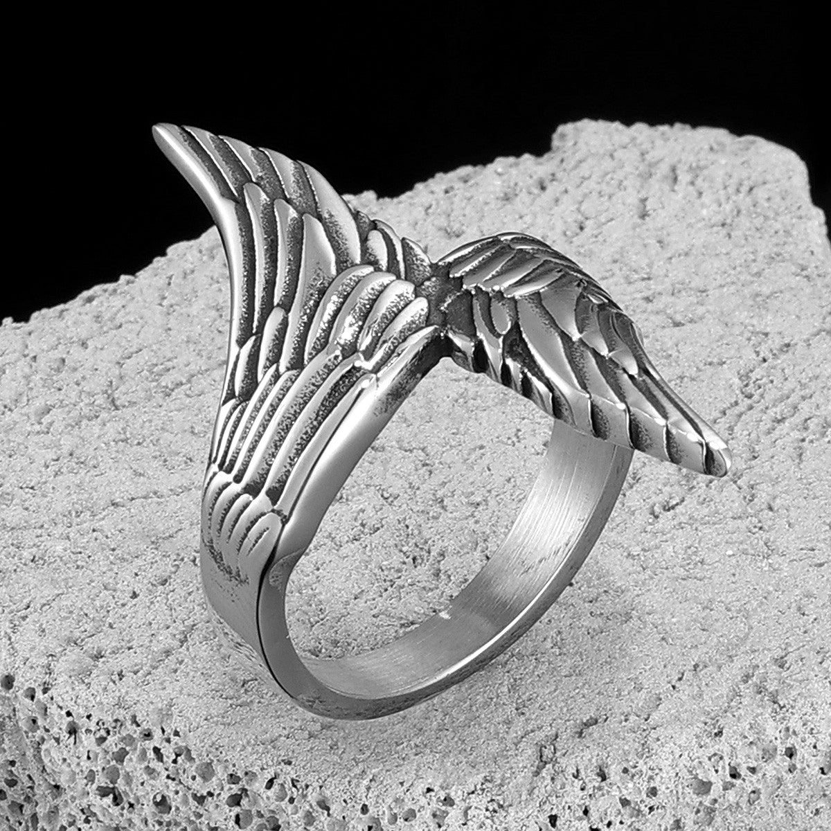 Mens No Fade Eccentric Creative Angel Wings Stainless Steel Street Wear Rings