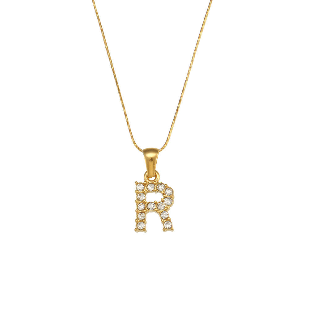 18k Gold Stainless Steel Thin Snake Chain 3A Zircon Stone Paved Initial Necklace