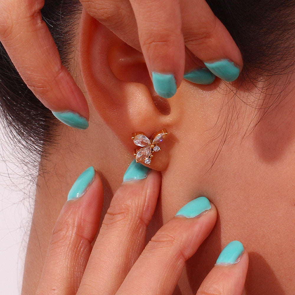 Elegant Flower Leaf 3A Cubic Zirconia 18k Gold Waterproof Stainless Steel Stud Earrings