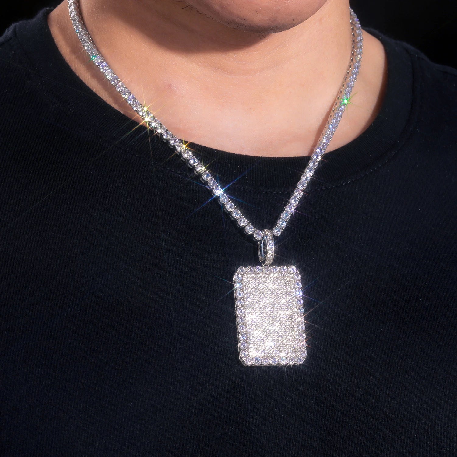 The Spark | VVS Iced Blinged Out Moissanite Diamond  Dog Tag 925 Sterling Silver Pendant
