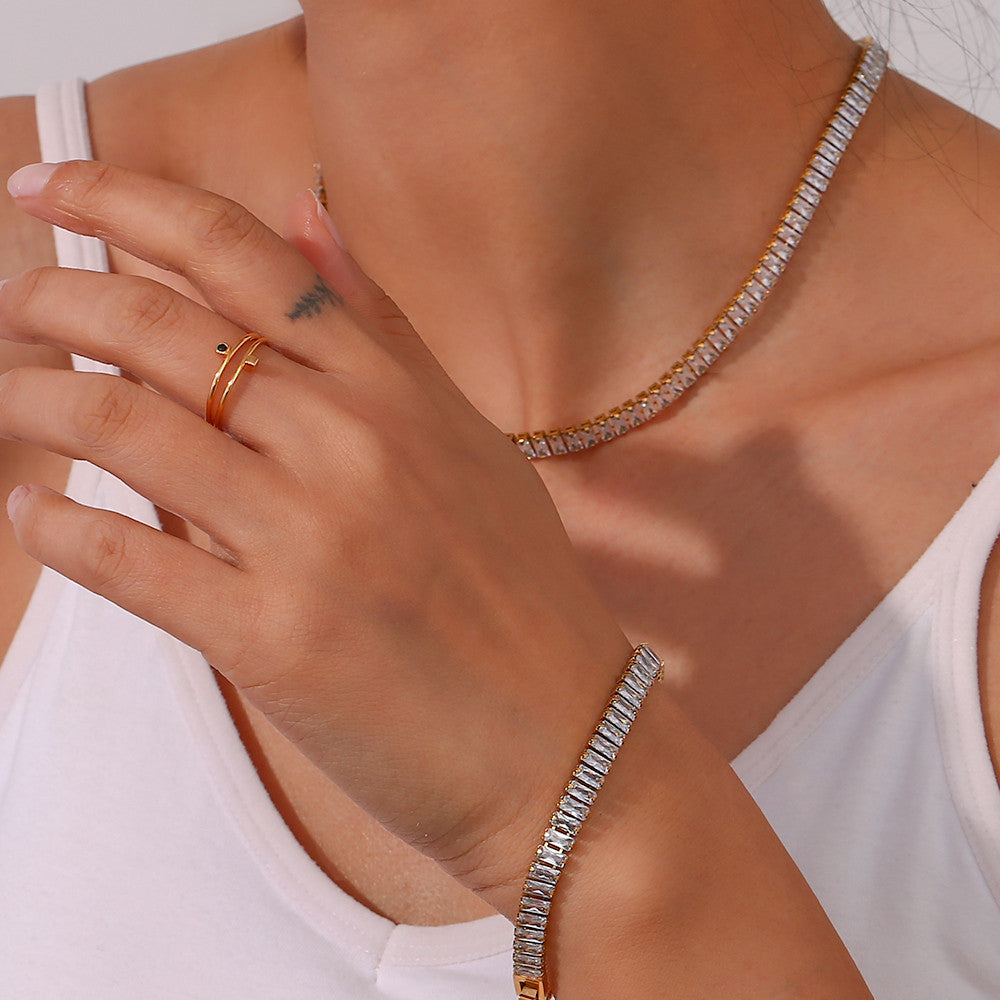 Ladies 18k Gold Silver No Fade Stainless Steel Square Tennis Chain Necklace Bracelet Set