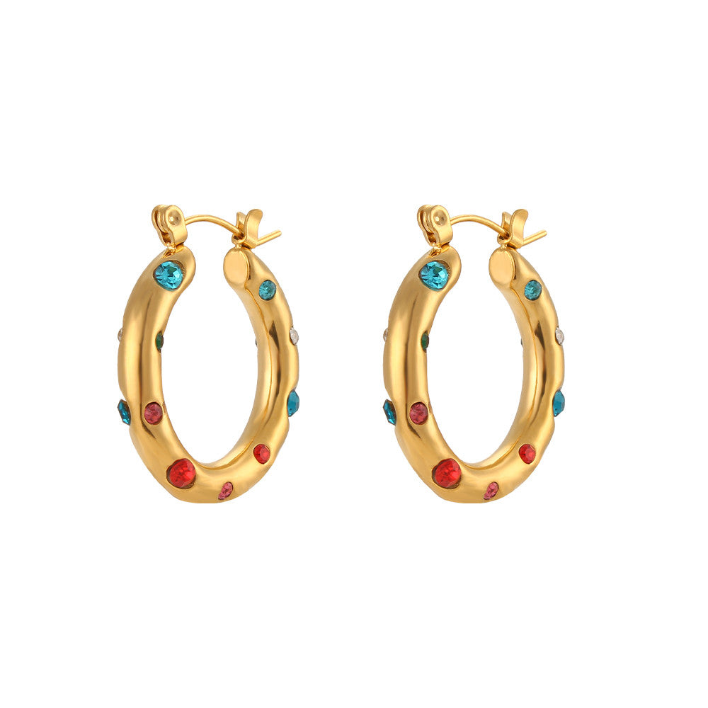 Waterproof 18k Gold  Colorful CZ Stone Pearl Paved Chunky 25MM Medium Size Hoop Earrings