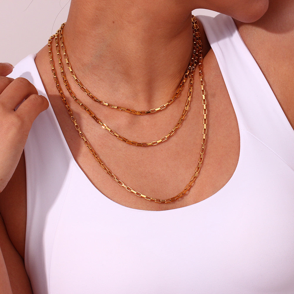 18k Gold Waterproof 3mm Long Box Link Stainless Steel Chain Necklace Bracelet Set