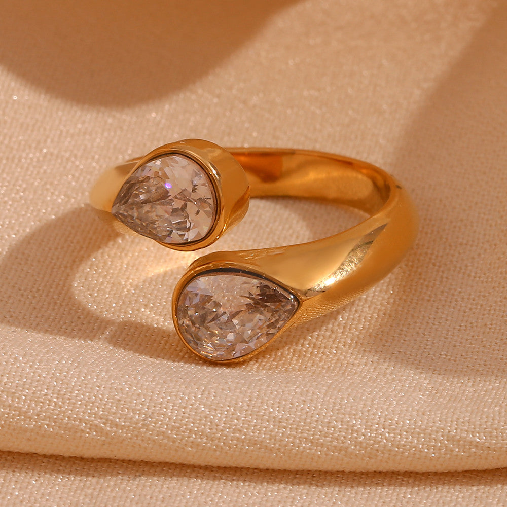 Womens Double Tear Drop CZ Bling Adjustable Waterproof Stainless Steel Rings