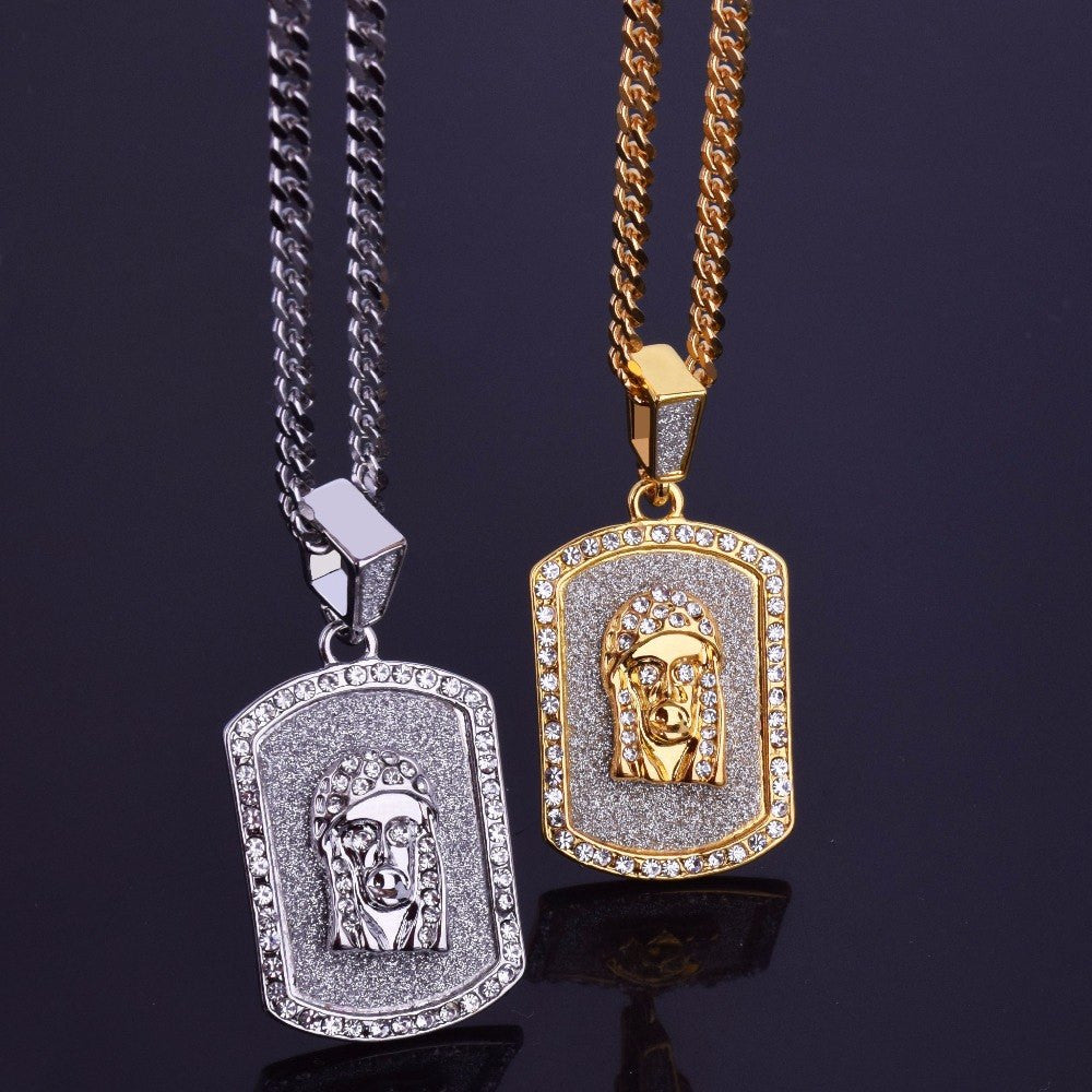 Crushed Ice Micro Pave Jesus Face Dog Tag Hip Hop Chain Necklace Pendant