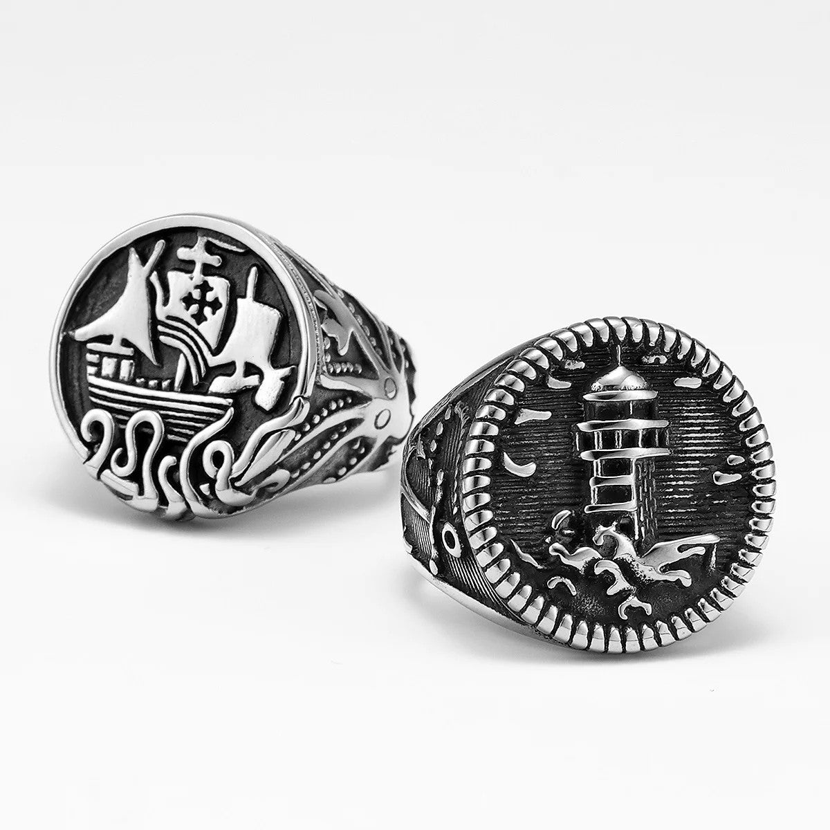 Nautical Navigator | 316L No Fade Stainless Steel Anchor Lighthouse Ocean Sailor Ship Men Rings