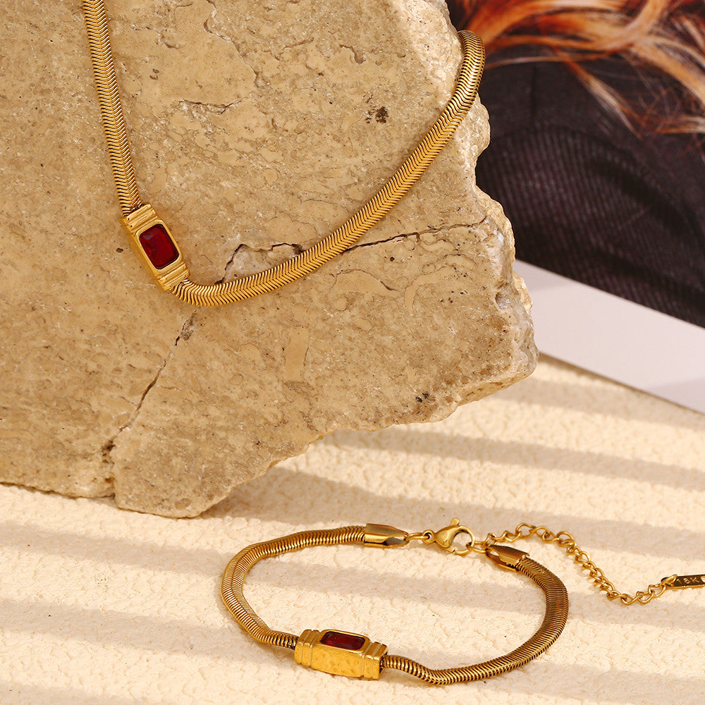 Women's 18k Gold Stainless Steel Waterproof Classic White/Red CZ Necklace Bracelet Set