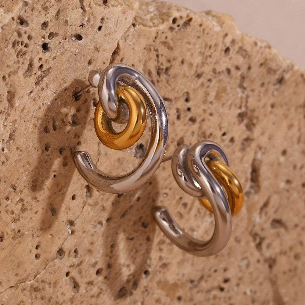 Women's 18k Gold Two Tone Silver Waterproof Stainless Steel Lock C-shaped Earrings