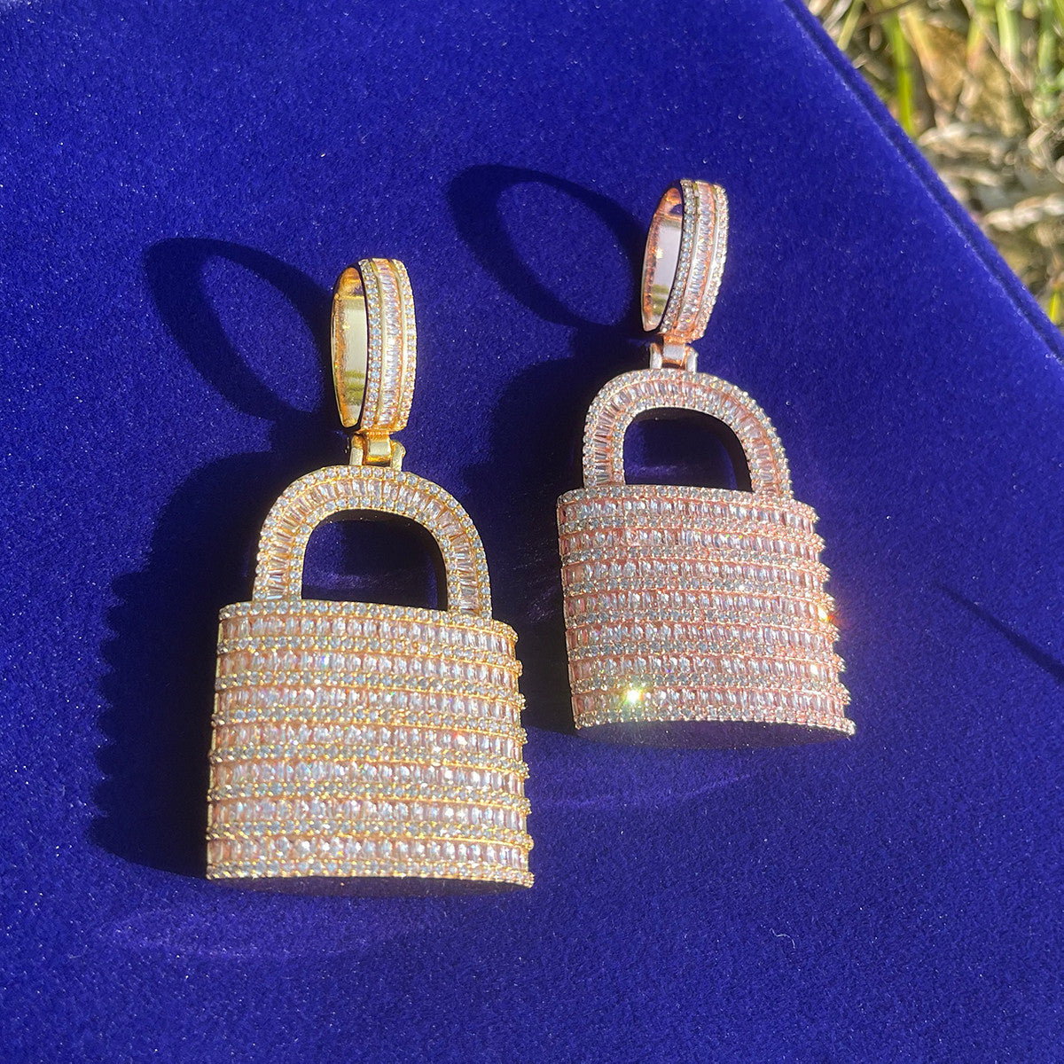 Gold Silver Rose 3D All Baguette Deadbolt Hip Hop Pendant Chain Necklace