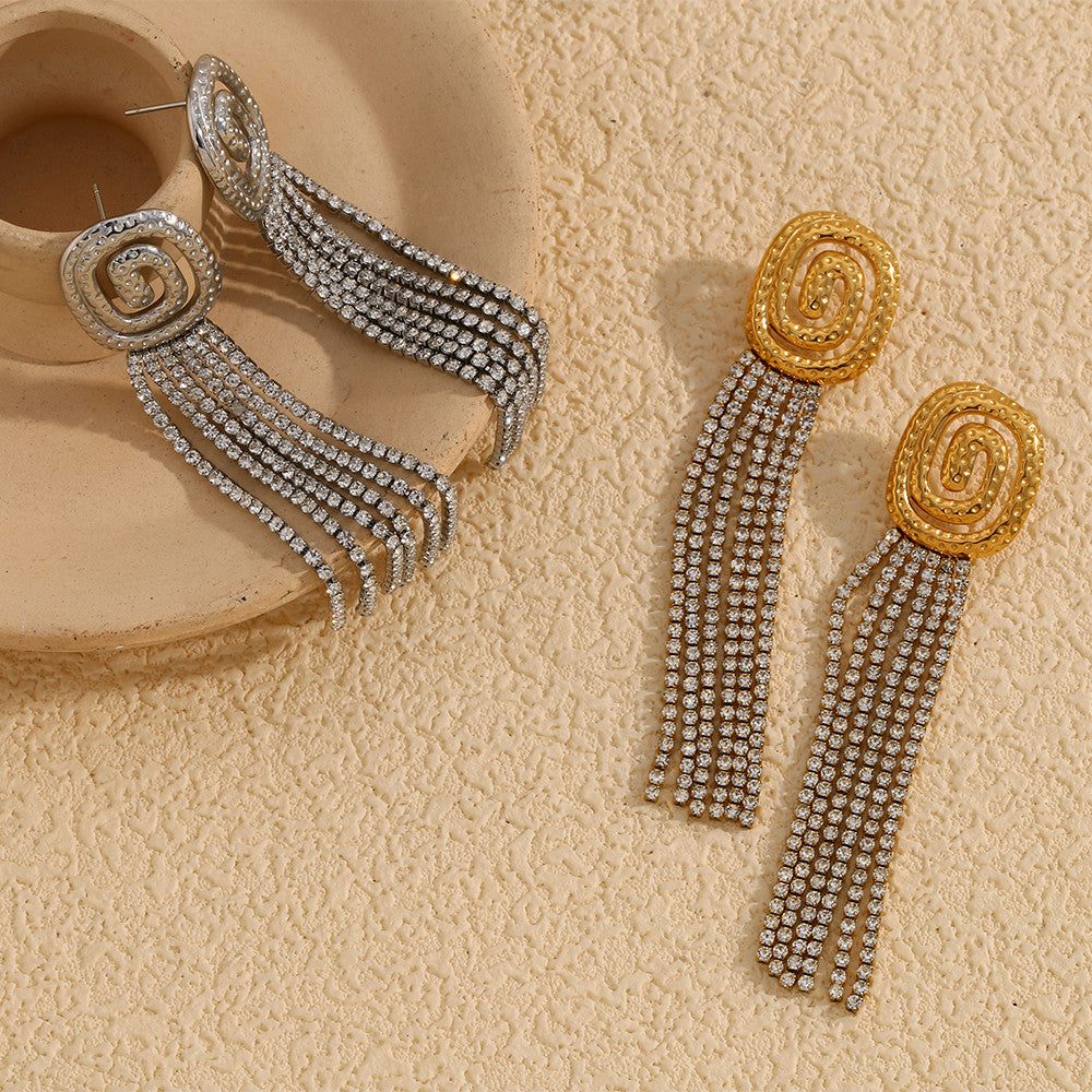 Ladies 18K Gold No Fade Stainless Steel Luxury Vortex Ful CZ Tassel Earrings