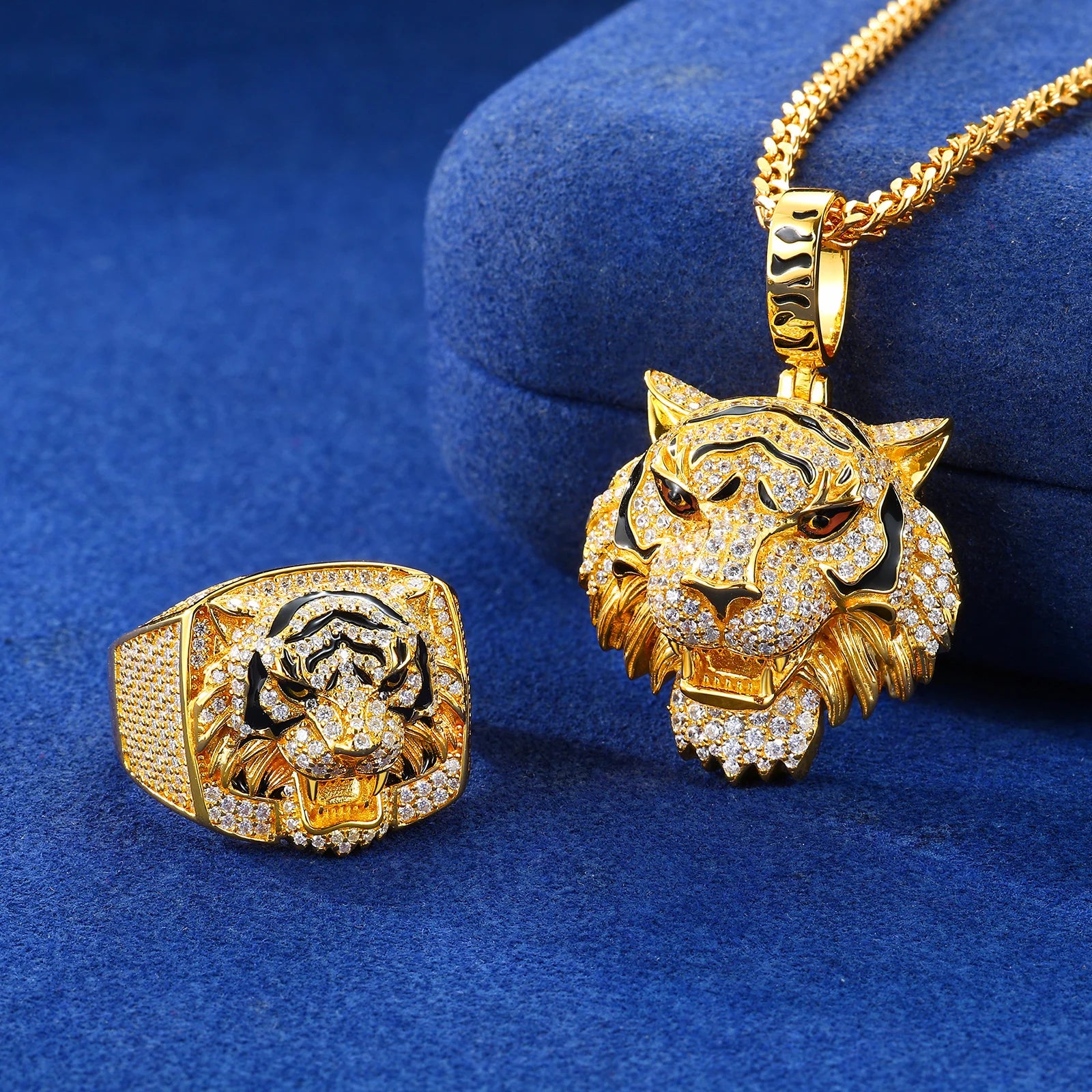 Tiger Pride Collection | 925 Sterling Silver Moissanite Diamond Tiger Pendant Ring Jewelry Set