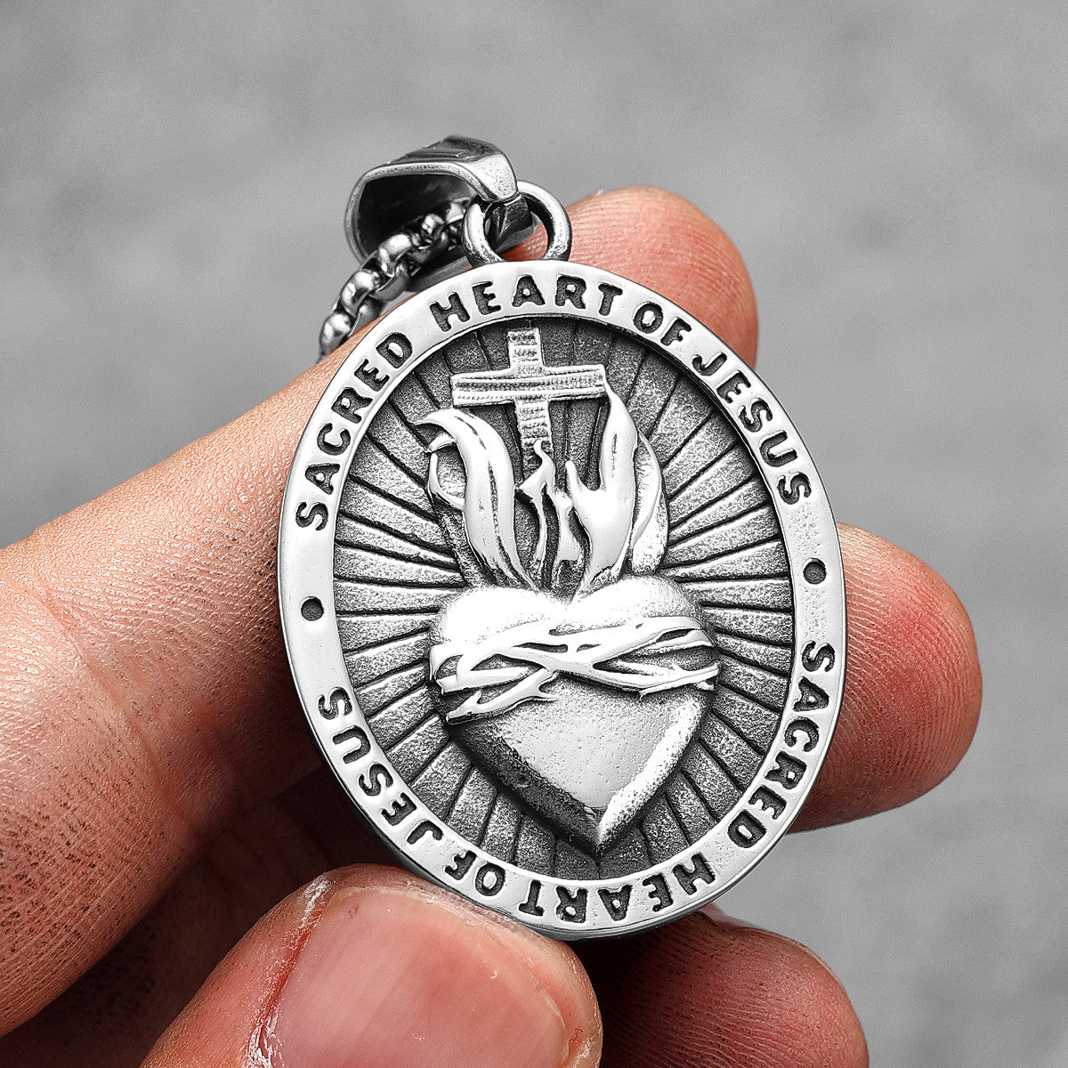 Sacred Heart of Jesus |  Stainless Steel Fire Heart Spiritual Street Wear Cross Pendant