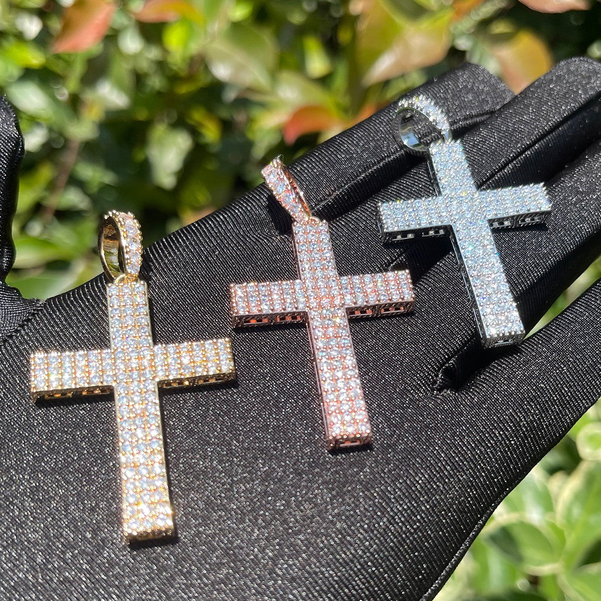 Mens 3 Row Prongs Set Block Cross Hip Hop Chain Pendant